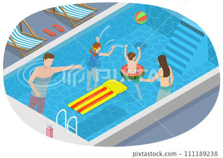 3D Isometric Flat Conceptual Illustration of Family Pool Time 3D Isometric Flat Conceptual Illustration of Family Pool Time 111189238
