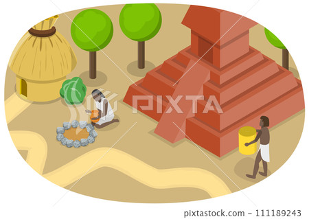 3D Isometric Flat  Conceptual Illustration of Aztec Village 111189243