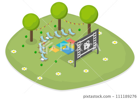 3D Isometric Flat Conceptual Illustration of Outdoor Cinema 3D Isometric Flat Conceptual Illustration of Outdoor Cinema 111189276