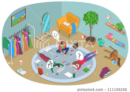 3D Isometric Flat  Conceptual Illustration of Lazy Children 111189288