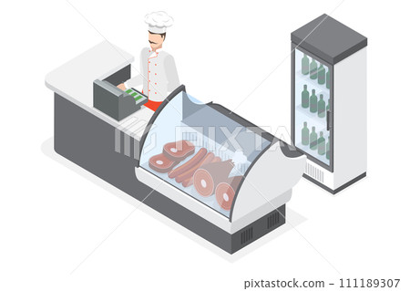 3D Isometric Flat  Conceptual Illustration of Butcher Shop 111189307