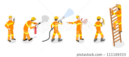 3D Isometric Flat  Set of Firefighter Characters 111189333
