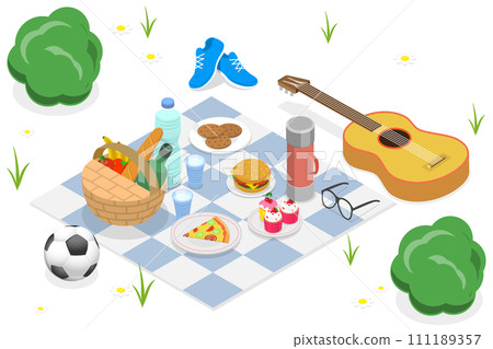 3D Isometric Flat  Conceptual Illustration of Summer Picnic 111189357