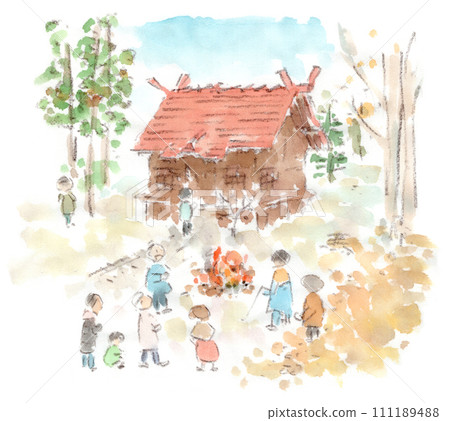 Watercolor illustration of a January event, a scene of burning a bonfire in front of a shrine (Dondo-yaki) Watercolor illustration of a January event, a scene of burning a bonfire in front of a shrine (Dondo-yaki) 111189488