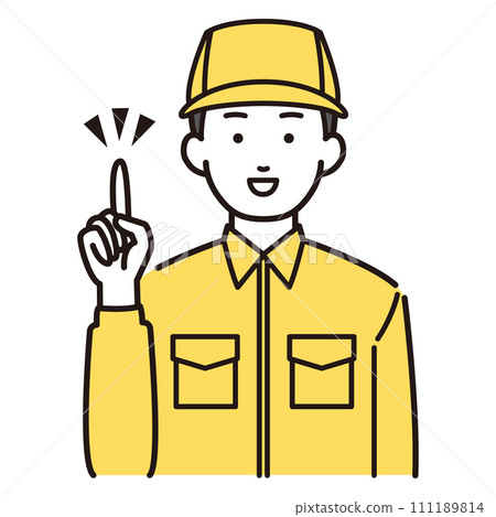 Illustration of a man in work clothes pointing his finger 111189814