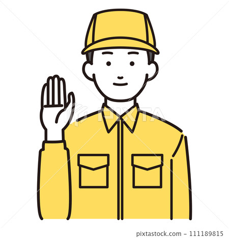 Illustration of a man in work clothes raising his hand Illustration of a man in work clothes raising his hand 111189815