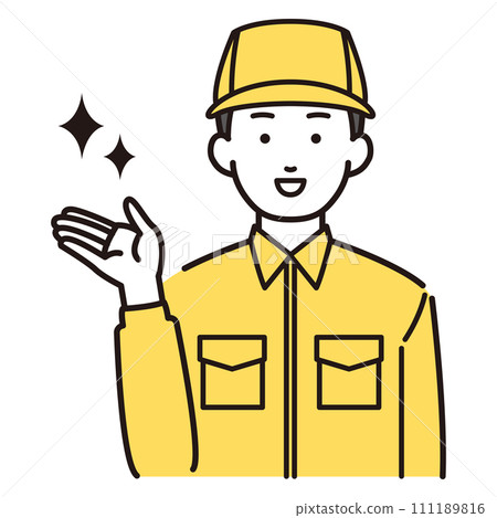Illustration of a man in work clothes guiding the left side Illustration of a man in work clothes guiding the left side 111189816