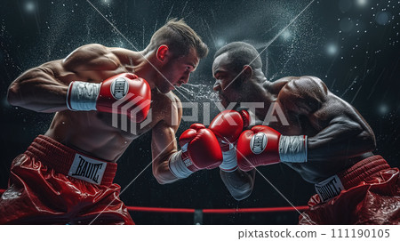 Two boxers fighting on the ring. Splashes sweat on the background. Generative AI. 111190105