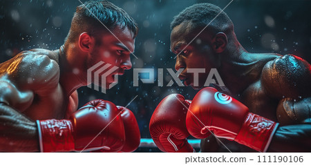 Two boxers fighting on the ring. Splashes sweat on the background. Generative AI. 111190106