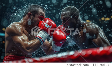 Two boxers fighting on the ring. Splashes sweat on the background. Generative AI. 111190107