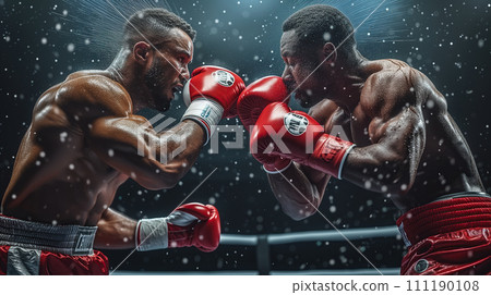 Two boxers fighting on the ring. Splashes sweat on the background. Generative AI. 111190108