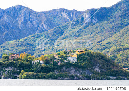 Mountain landscape, picturesque mountain lake in the summer morning, large panorama. Como, Italy 111190708