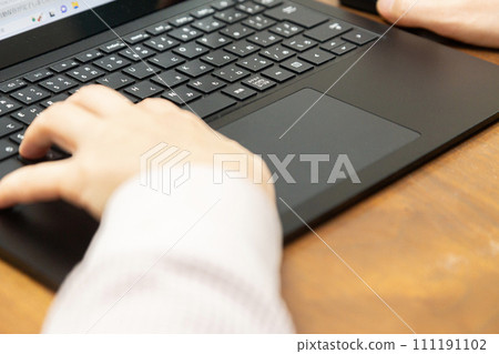 操作膝上型計算機的婦女的手 操作膝上型計算機的婦女的手 111191102