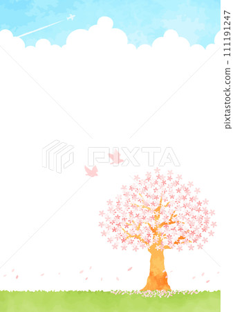 Landscape illustration of blue sky, cherry tree and meadow 111191247