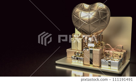 The gold laptop and gift box  for Technology or Shopping online concept 3d rendering. 111191491