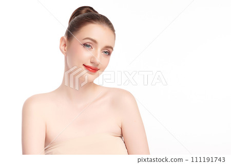 Beautiful young woman with clean fresh skin on white background, Face care, Facial treatment, Cosmetology, beauty and spa, women portrait. 111191743