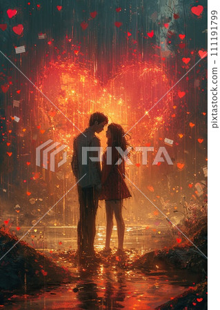AI-generated content. In a rain-soaked street, a couple shares a kiss, surrounded by heart-filled glow that turns the ordinary into magic. The romance of the moment is framed by the urban setting and 111191799