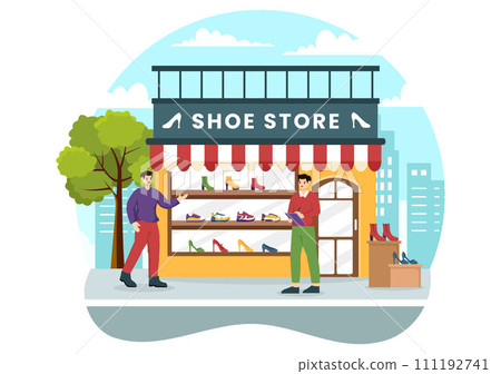Shoe Store Vector Illustration with New Collection Men or Women Various Models or Colors of Sneakers and High Heels in Flat Cartoon Background Shoe Store Vector Illustration with New Collection Men or Women Various Models or Colors of Sneakers and High Heels in Flat Cartoon Background 111192741