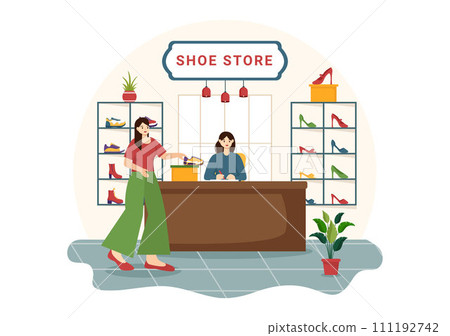 Shoe Store Vector Illustration with New Collection Men or Women Various Models or Colors of Sneakers and High Heels in Flat Cartoon Background Shoe Store Vector Illustration with New Collection Men or Women Various Models or Colors of Sneakers and High Heels in Flat Cartoon Background 111192742