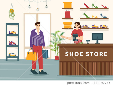 Shoe Store Vector Illustration with New Collection Men or Women Various Models or Colors of Sneakers and High Heels in Flat Cartoon Background Shoe Store Vector Illustration with New Collection Men or Women Various Models or Colors of Sneakers and High Heels in Flat Cartoon Background 111192743
