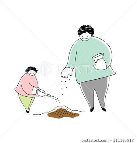 父母與孩子播種的線條畫插圖 111193517