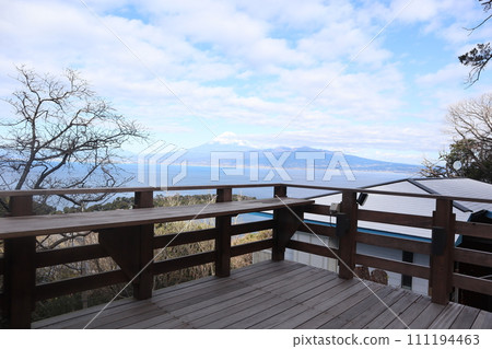 Mt. Fuji seen from the wooden deck Mt. Fuji seen from the wooden deck 111194463