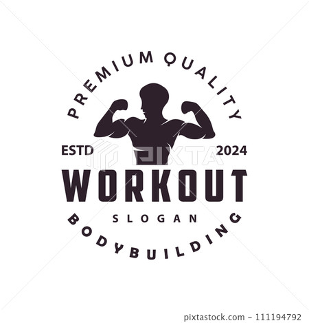 Gym logo design vintage retro human silhouette sport fitness bodybuilder simple elegant 111194792