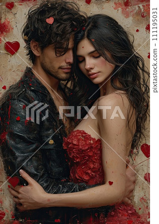 AI-generated content. romantic portrait of a couple, united in a heartfelt embrace, surrounded by a flurry of red hearts and petals. Their serene expressions speak of love and devotion, fitting for a AI-generated content. romantic portrait of a couple, united in a heartfelt embrace, surrounded by a flurry of red hearts and petals. Their serene expressions speak of love and devotion, fitting for a 111195031