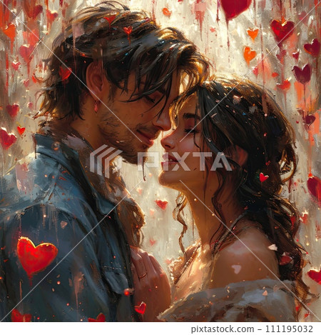 AI-generated content. A couple in loving embrace, faces close, amid a shower of hearts and light, their expressions exuding warmth and intimacy. The rustic charm and the hearts' cascade set a romantic 111195032