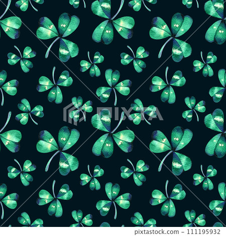 watercolor seamless pattern on the theme of st. patrick's day. green four-leaf clover leaves on a white background. holiday print 111195932
