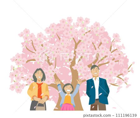父母和孩子在盛開的櫻花樹下微笑的插圖 111196139
