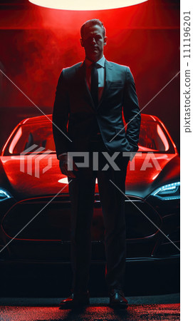 AI-generated content. man in a suit stands before a car under red lighting 111196201