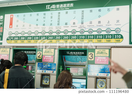 Tickets machine at Enoshima station, Enoshima Dentetsu train Line in Kamakura, Japanese railway connects Kamakura with Fujisawa Station in Fujisawa, Kanagawa. Kanagawa, Japan, 16 November 2023 111196480