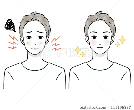 一個皮膚粗糙、面向前方的男人的前後插圖集 111196587