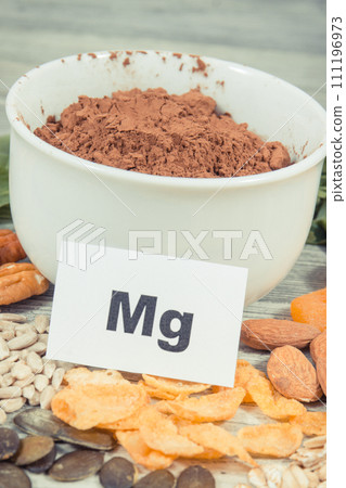 Inscription Mg, healthy food containing natural magnesium, fiber and other vitamins or minerals Inscription Mg, healthy food containing natural magnesium, fiber and other vitamins or minerals 111196973