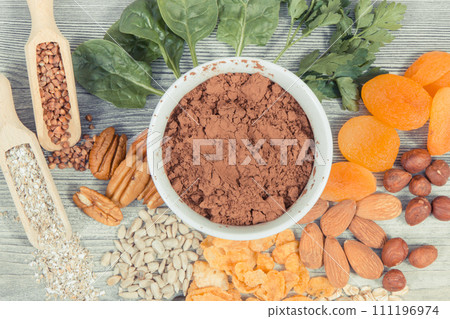 Healthy food and various ingredients as source natural magnesium, dietary fiber and other minerals 111196974