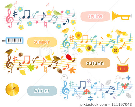 A set of illustrations of plants, birds, and musical instruments inspired by spring, summer, autumn, and winter concerts and music. 111197048