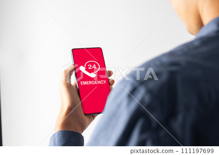 Man got emergency or SOS alert for emergency accident hot line 911 and ambulance concept. 111197699