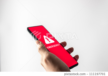 Man got emergency or SOS alert for emergency accident hot line 911 and ambulance concept. 111197701