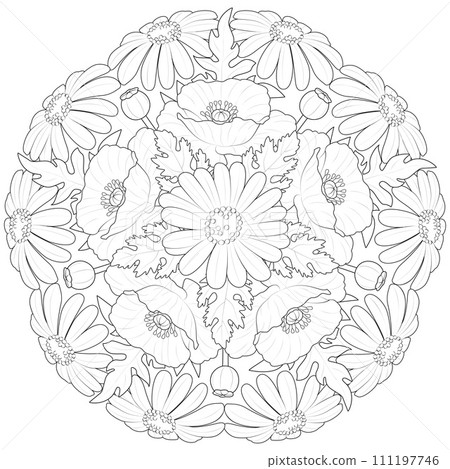 Spring flower mandala in black and white. Round pattern for coloring 111197746