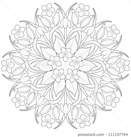 Spring flower mandala in black and white. Round pattern for coloring 111197764