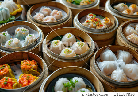 Close-up of a Chinese dim sum in bamboo steamers. Generative AI. 111197836