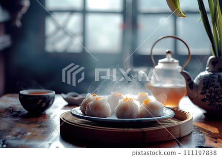 A Chinese tea time, featuring a steaming pot of tea, a cup, and a plate of freshly steamed dim sum on a bamboo tray. Generative AI. 111197838