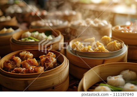 Close-up of a Chinese dim sum in bamboo steamers. Generative AI. 111197840