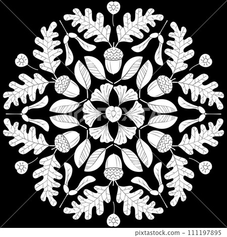 Autumn mandala with autumn leaves on black background. Autumn mandala with autumn leaves on black background. 111197895