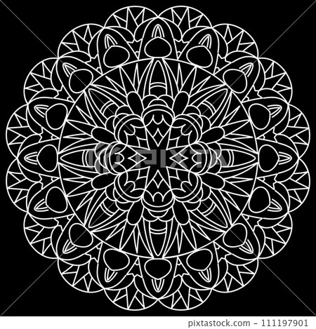 Mandala line art designs on black background. Coloring page for kids and adults. Mandala line art designs on black background. Coloring page for kids and adults. 111197901