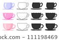 Porcelain coffee tea cup mug glass on saucer colorful black line silhouette stamp flat set. Editable line stroke print shape shell drinkware party breakfast kitchen collection container icon isolated 111198469