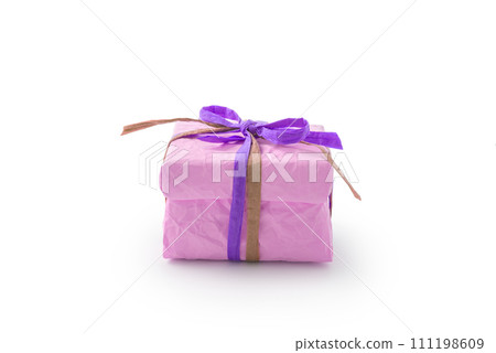 crumpled paper pink present box with recycled paper ribbon isolated on white 111198609