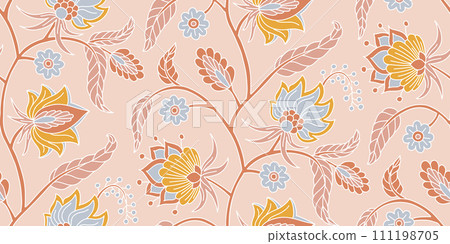 Seamless pattern with stylised indian style flowers and leaves on a stem 111198705