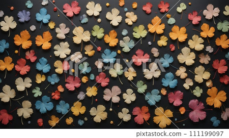 Autumnal plant leaves in different shapes and colors lined up next to each other 111199097